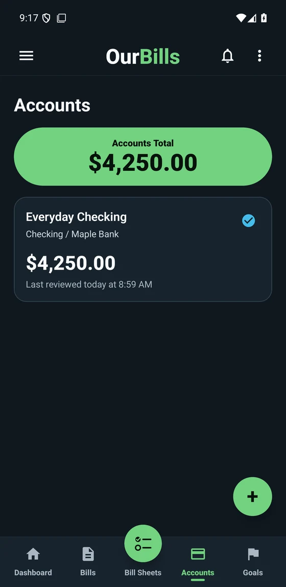 OurBills Accounts screen showing reviewed checking and savings balances included in the household plan.