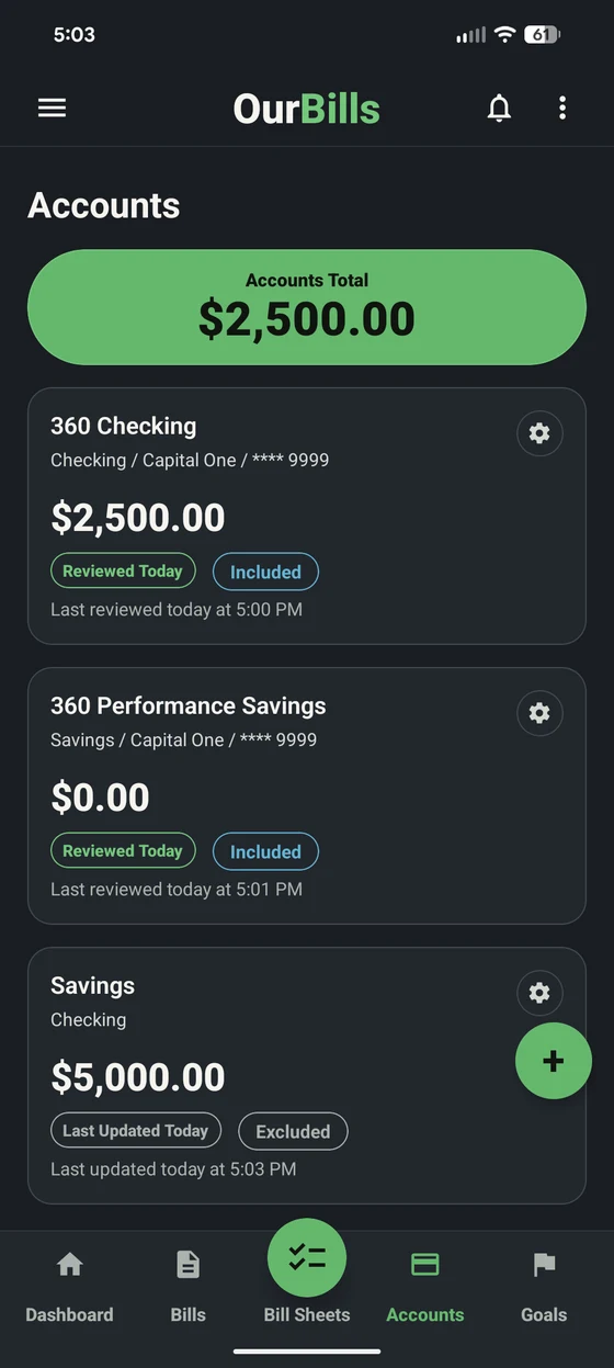 OurBills Accounts screen showing reviewed balances and which accounts are included in the current plan.