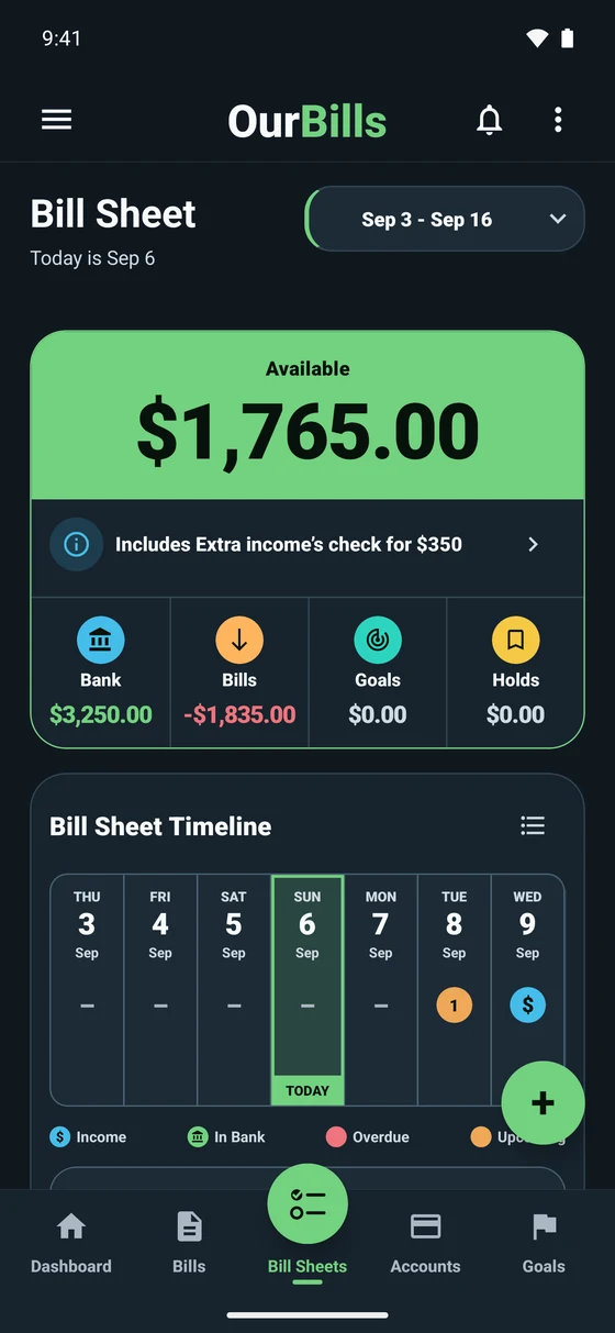 OurBills Bill Sheet showing available money, reviewed bank balances, bills, Goals, Holds, and a dated income and bill timeline.