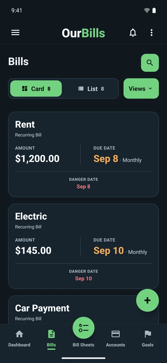 OurBills Bills card view showing recurring bill amounts and due dates.