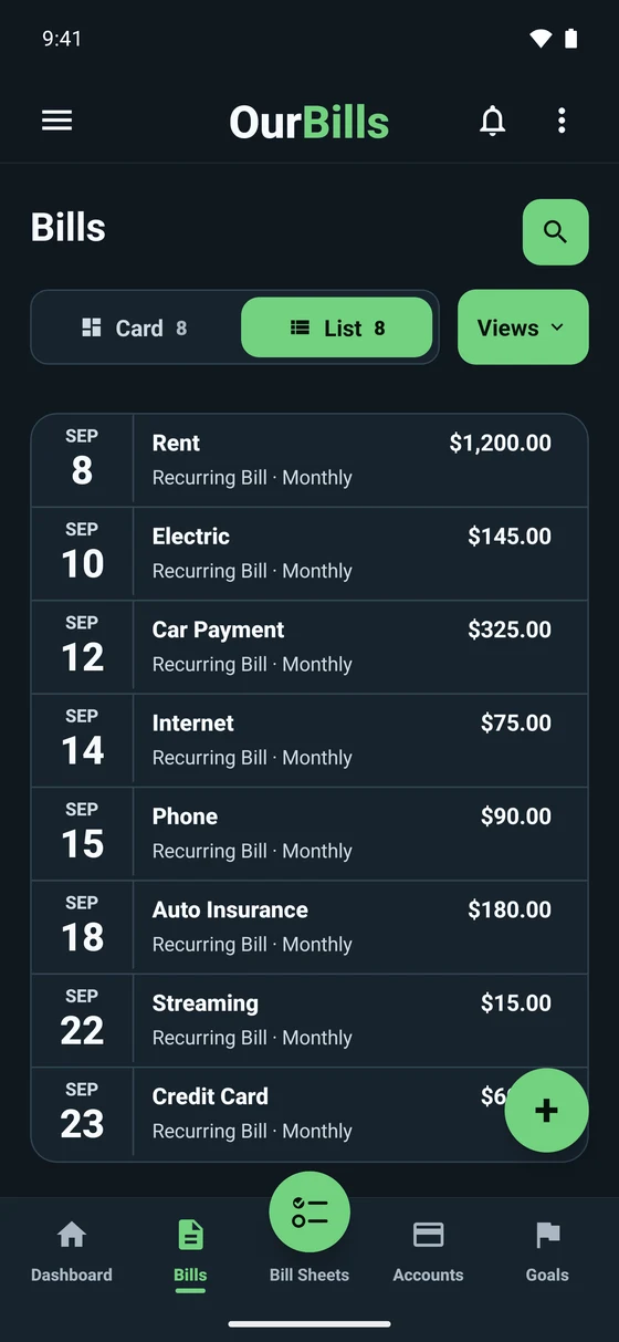 OurBills Bills list with eight fictional recurring bills, their due dates, and amounts in OurBills Dark.