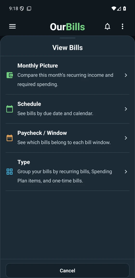 OurBills View Bills menu showing Monthly Picture, Schedule, Paycheck / Window, and Type views.