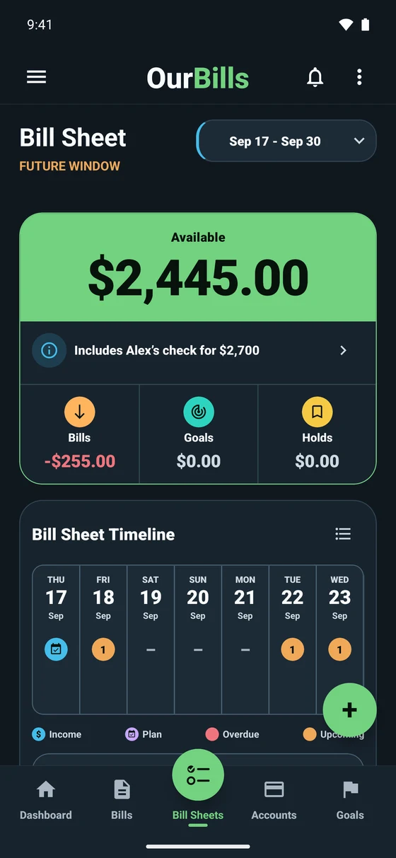 A future OurBills Bill Sheet for September 17–30: $2,700 of planned income less $255 in bills leaves $2,445 available in the projection.