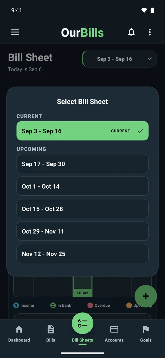OurBills Bill Sheet selector showing the current September 3–16 period and upcoming pay periods.