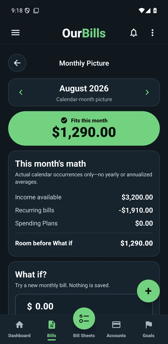 OurBills Monthly Picture comparing recurring income, bills, and Spending Plans for one calendar month.
